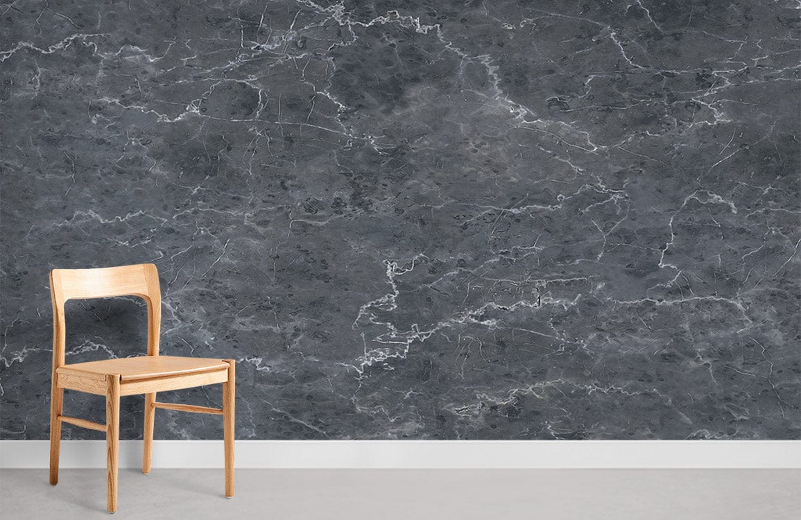 Luxurious charcoal marble pattern wallpaper with light wood chair in minimalist room setting. Elegant Décor.