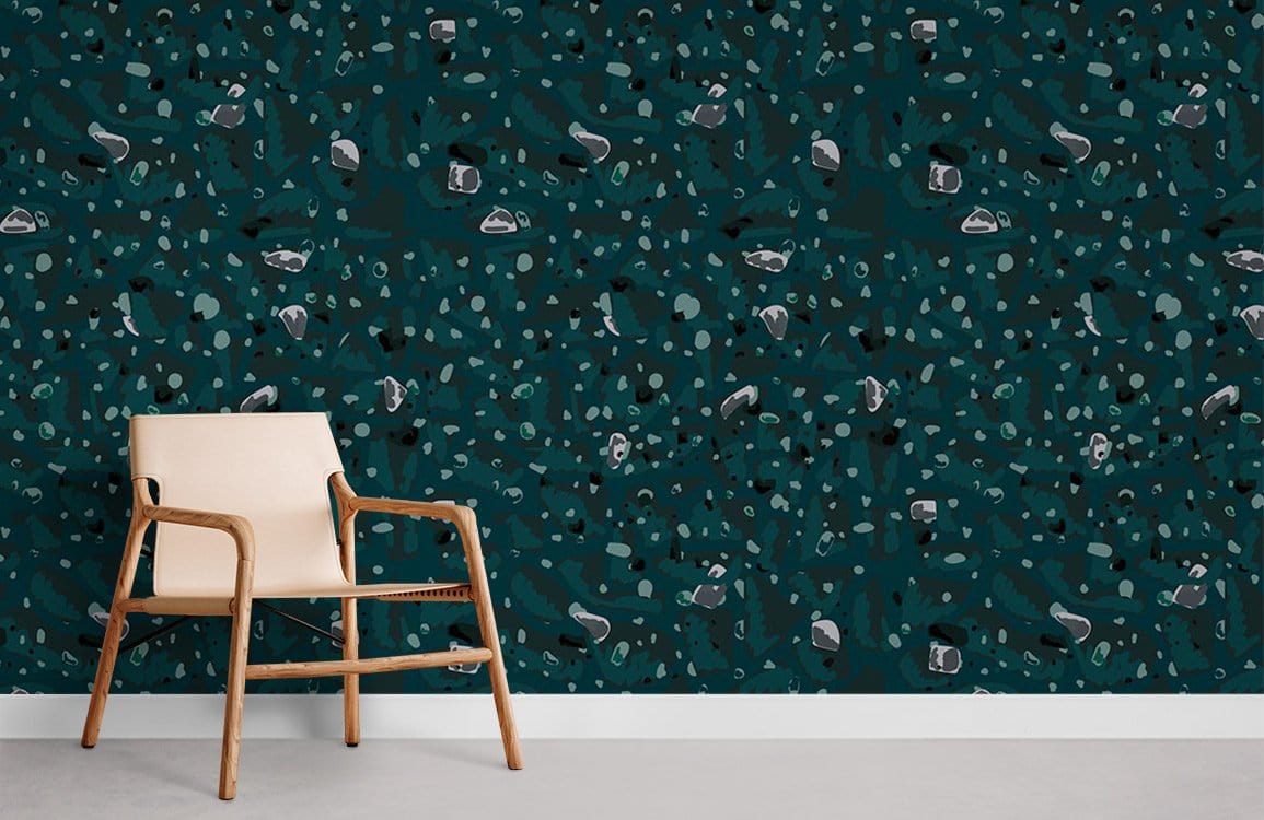 Teal Terrazzo Patterned Wallpaper, abstract design, beige chair, modern interior, contemporary Décor style.