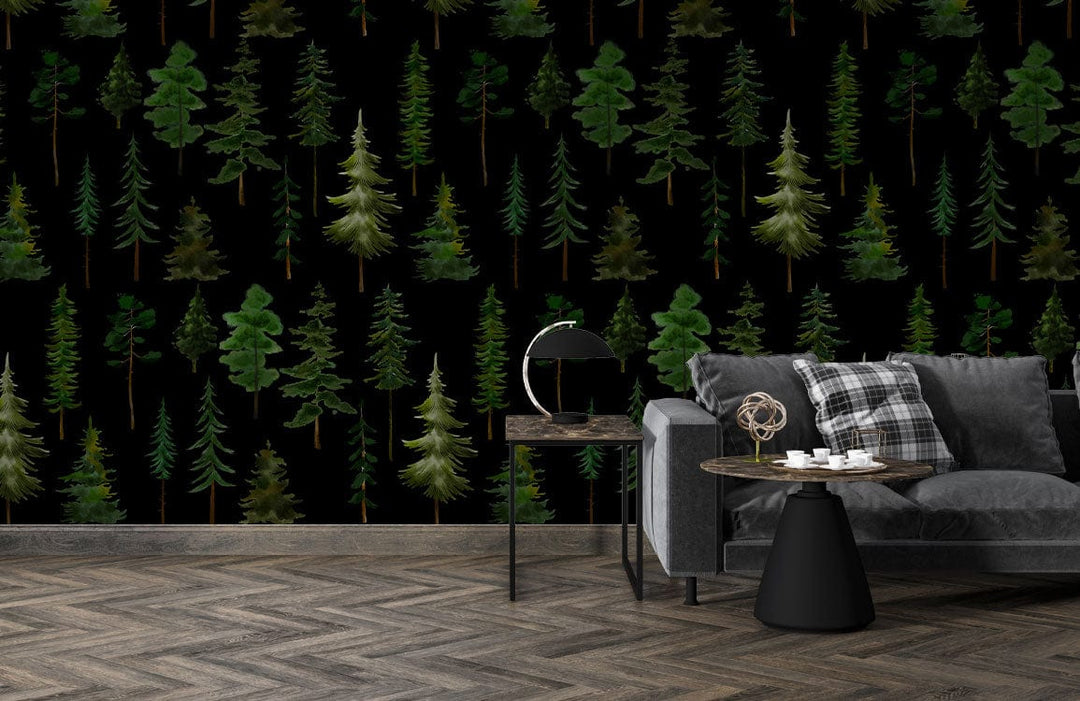 Dark Forest Evergreen Trees Wallpaper in living room with grey sofa, herringbone flooring, stylish decor.