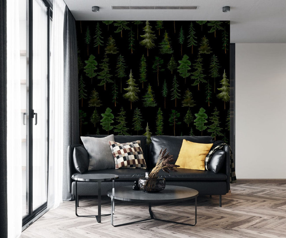 Dark Forest Evergreen Trees wallpaper in modern living room with dark sofa and herringbone wooden flooring.