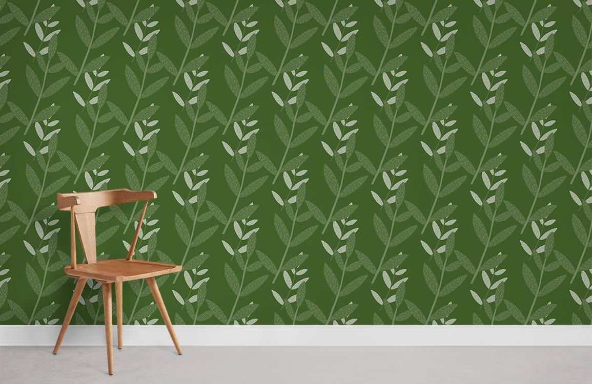 Elegant green botanical leaf wallpaper with wooden chair, perfect for nature-inspired interior designs.