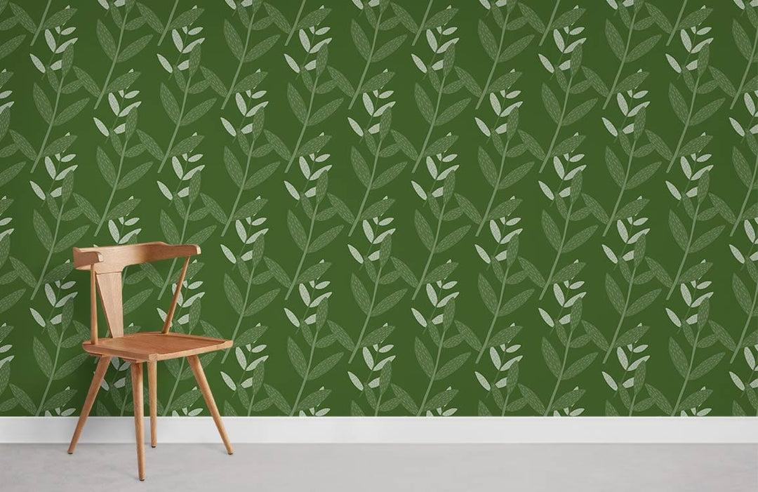 Elegant green botanical leaf wallpaper with wooden chair, perfect for nature-inspired interior designs.