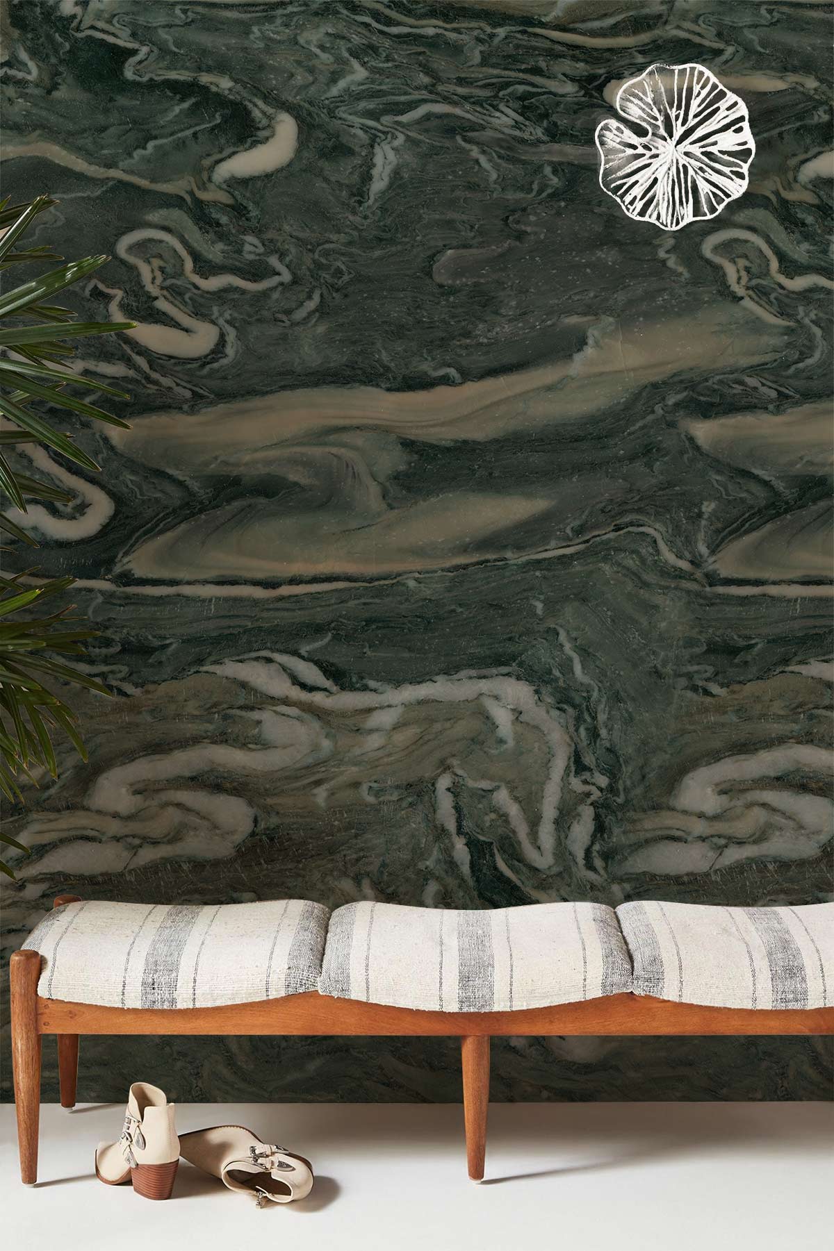 Elegant Green Marble Effect Wallpaper in living room with wooden bench and stylish decor.