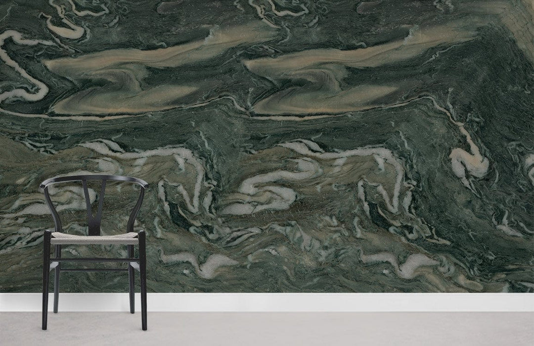 Elegant green marble effect wallpaper, modern design with black chair, luxe wall decor in neutral room.