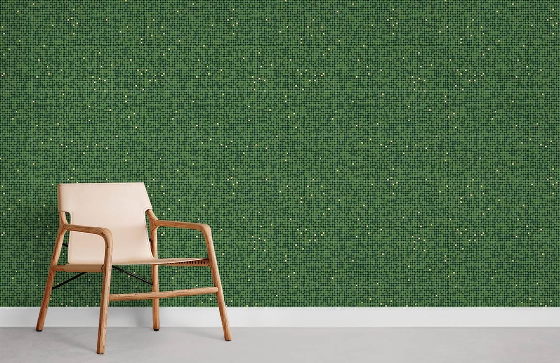 Elegant green speckled wallpaper in modern space, wooden chair, sleek grey flooring, contemporary design.