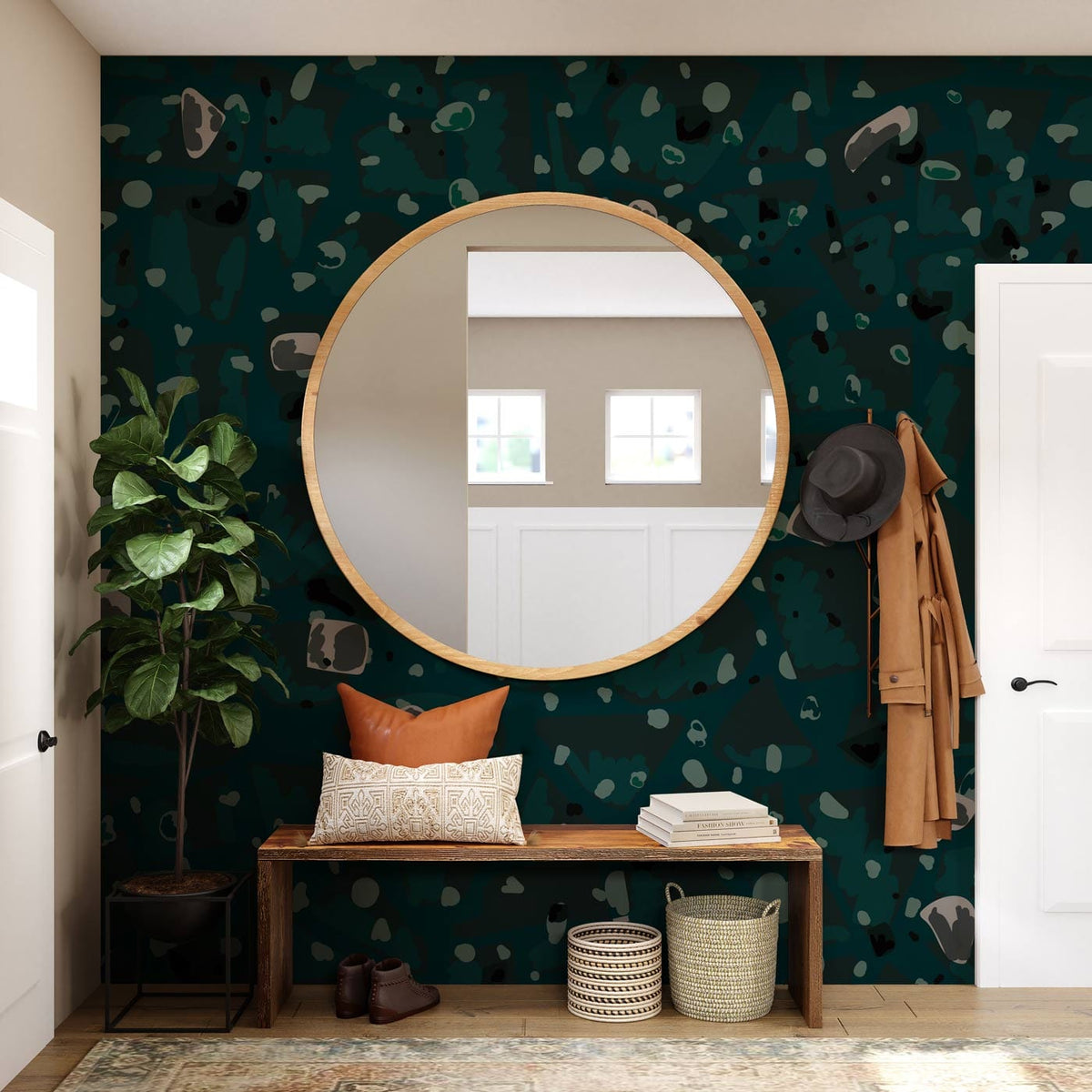 Teal terrazzo wallpaper in modern room with mirror, bench, plants, and woven basket decor.