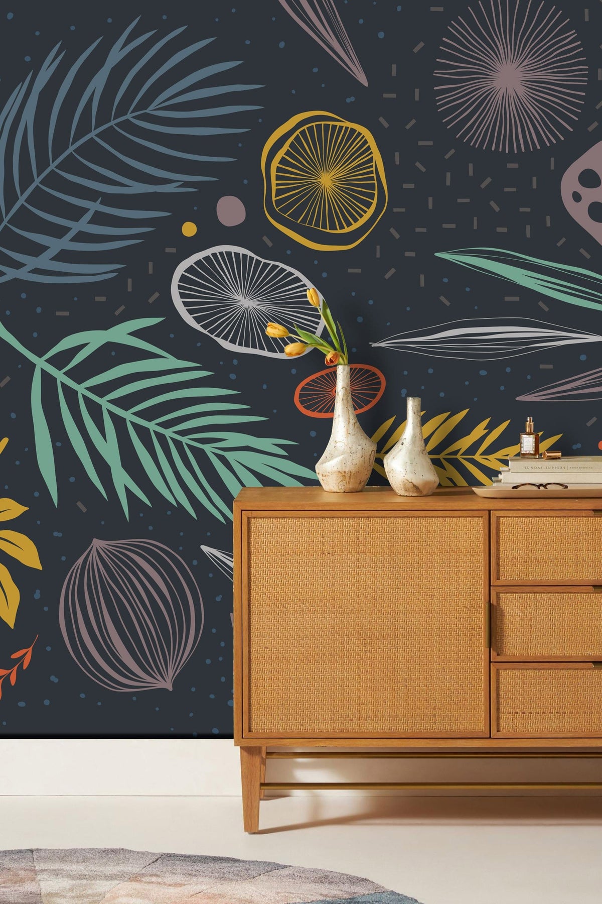 Vibrant Tropical Foliage Mural Wallpaper, Deep Blue with Wooden Sideboard, Geometric Rug in Living Room.
