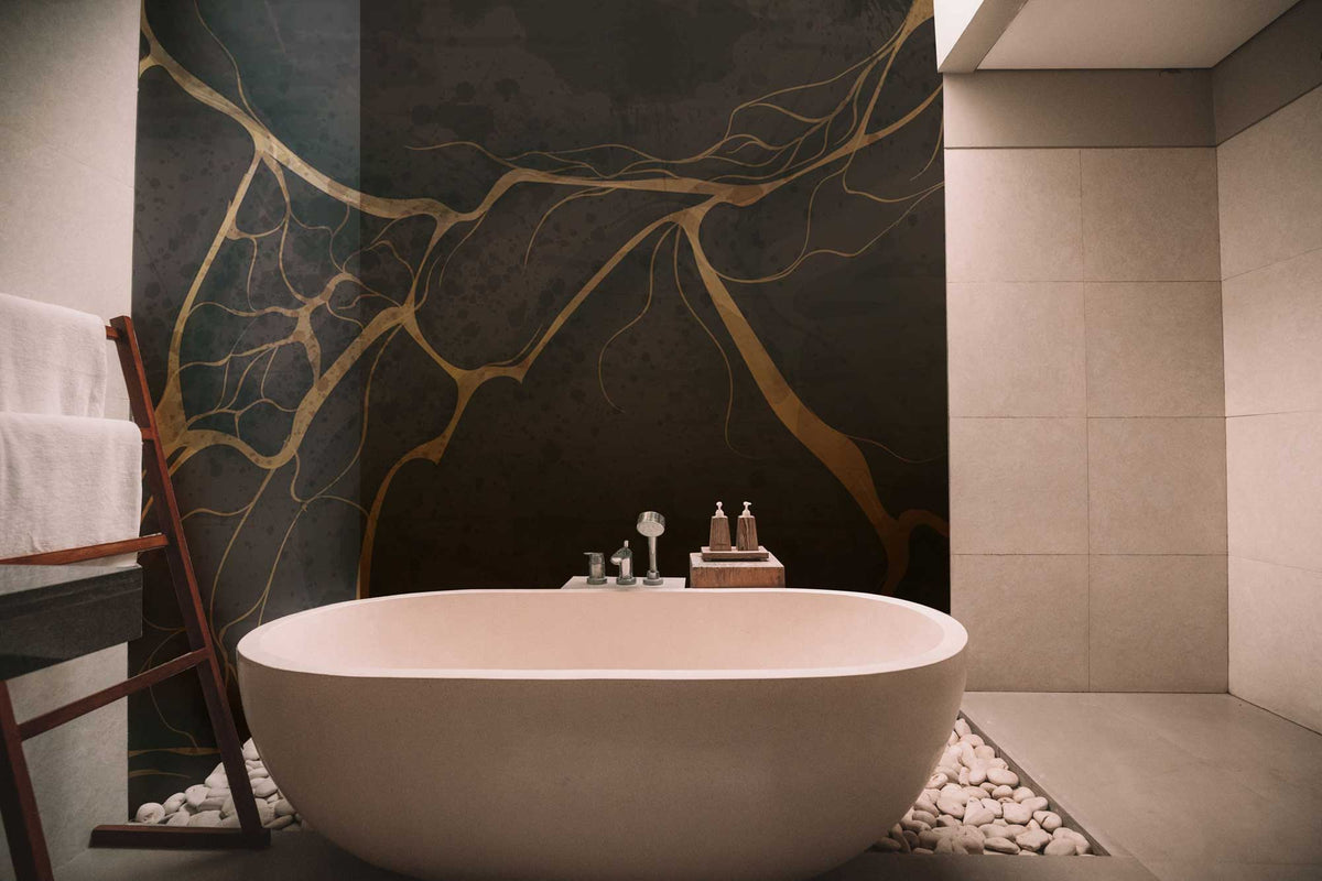 Luxurious green marble gold vein mural wallpaper in modern bathroom with elegant oval bathtub.