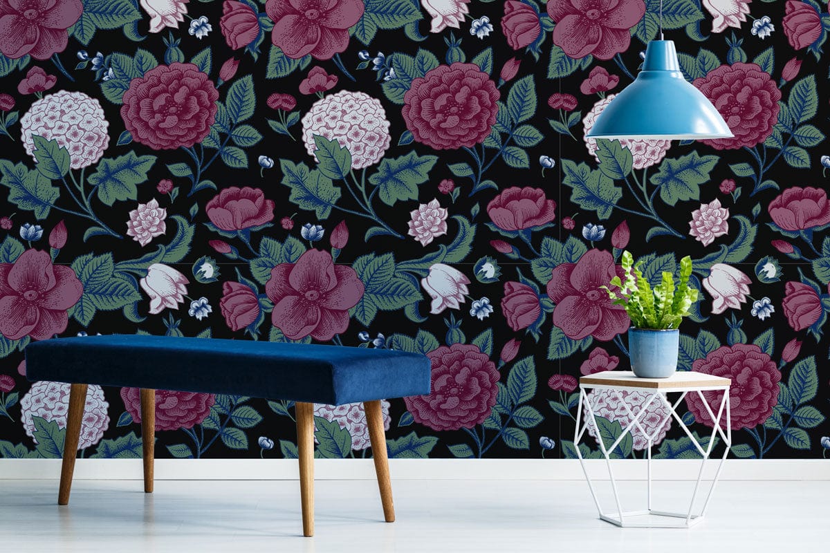 Vintage floral wallpaper with black, pink, green hues. Room features blue bench, geometric table, pendant light.
