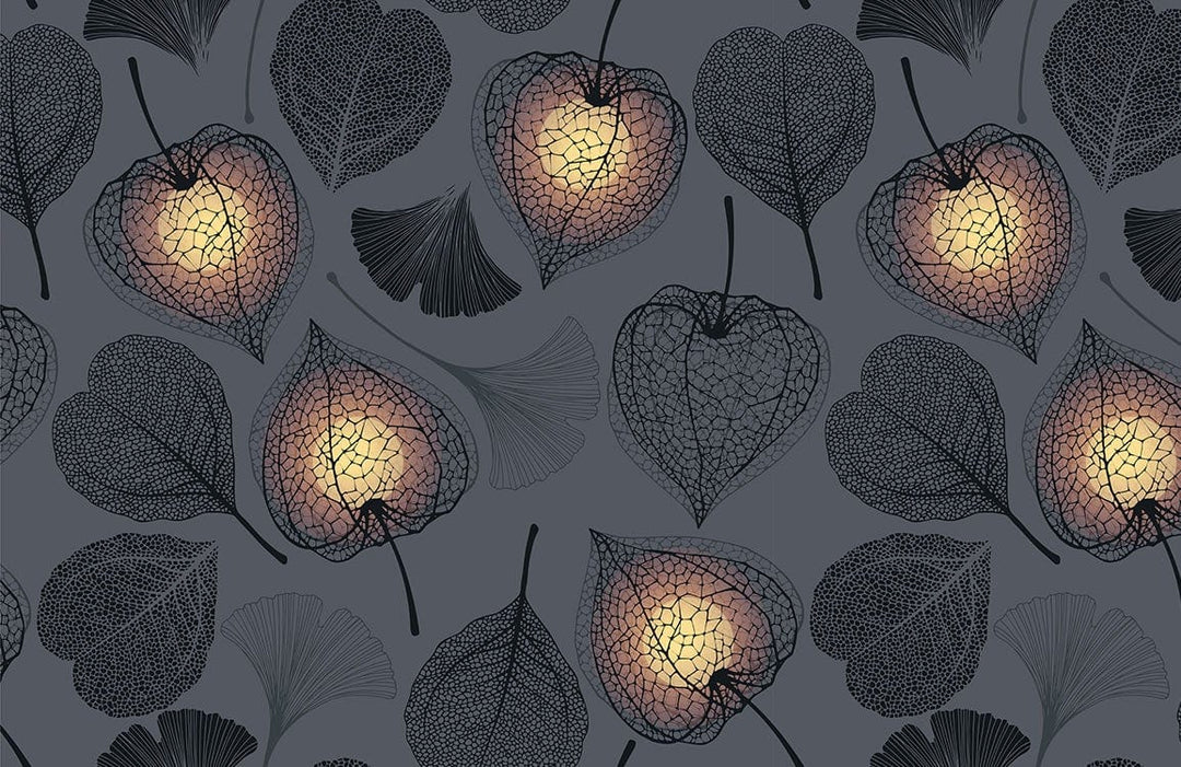 Elegant Grey Botanical Leaf and Lantern Pattern Wallpaper Design