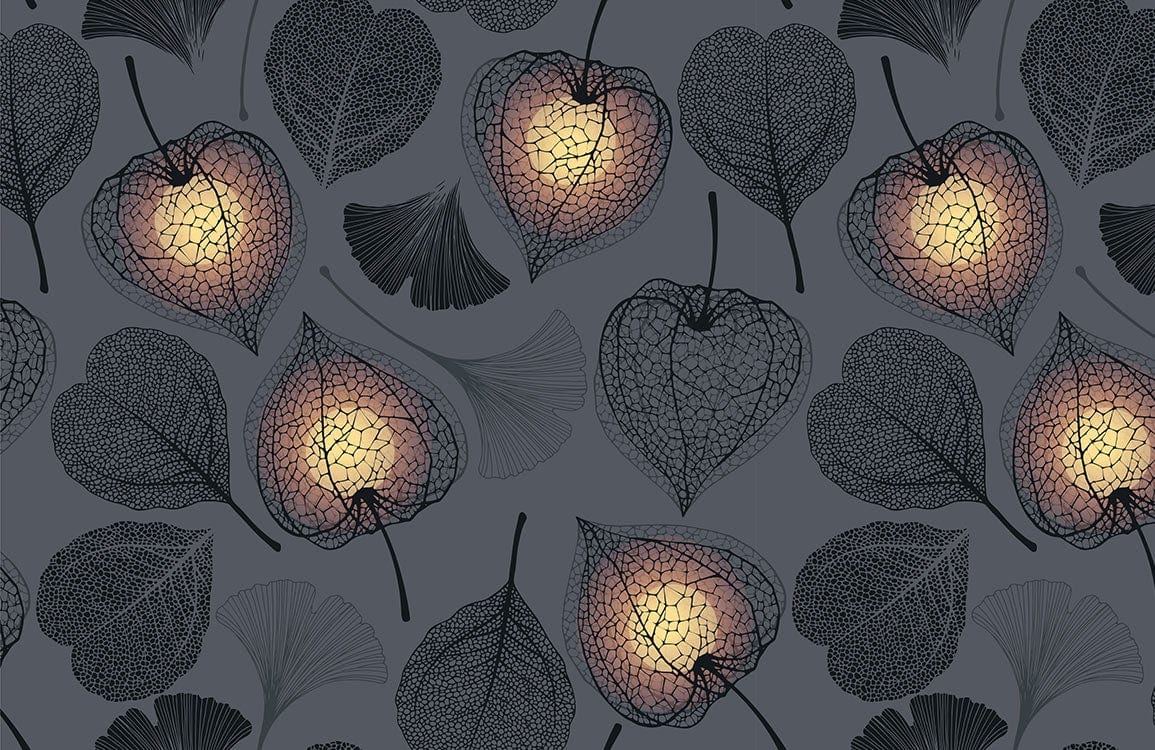 Elegant Grey Botanical Leaf and Lantern Pattern Wallpaper Design