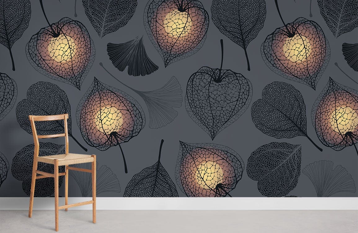 Elegant grey botanical wallpaper with lantern pattern, light wood chair, white skirting, modern interior.