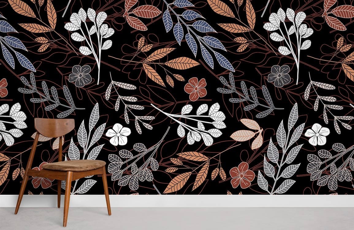 Elegant floral botanical wallpaper with wooden chair, featuring black, white, blue, and orange design.