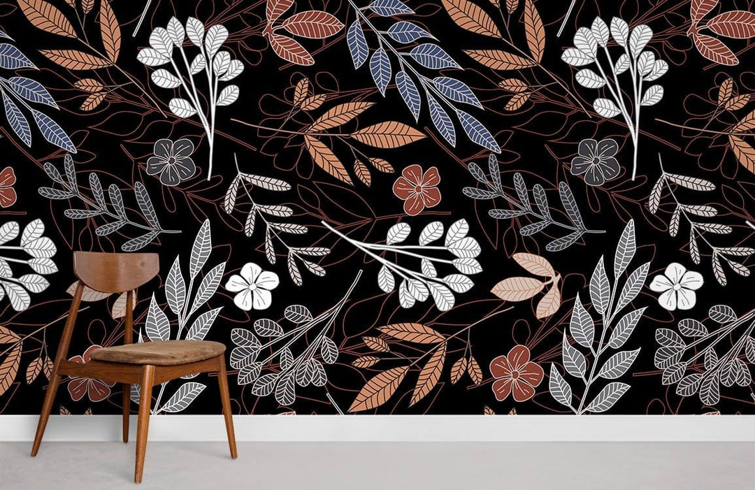 Elegant floral botanical wallpaper with wooden chair, featuring black, white, blue, and orange design.