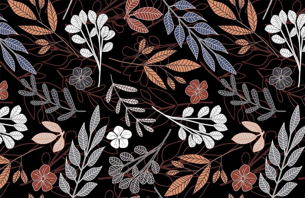 Elegant Floral Botanical Wallpaper: Black, White, Blue and Orange Design