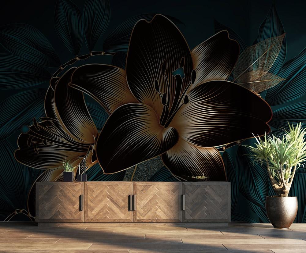 Luxurious teal and gold botanical wallpaper with floral design, wooden sideboard, and modern decor items.