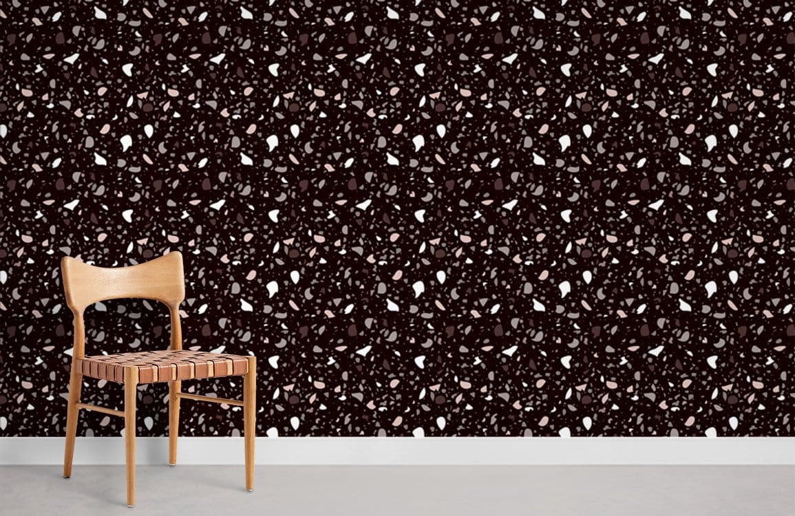 Vintage terrazzo pattern wallpaper, brown and white, retro interior design, wooden chair, grey flooring.
