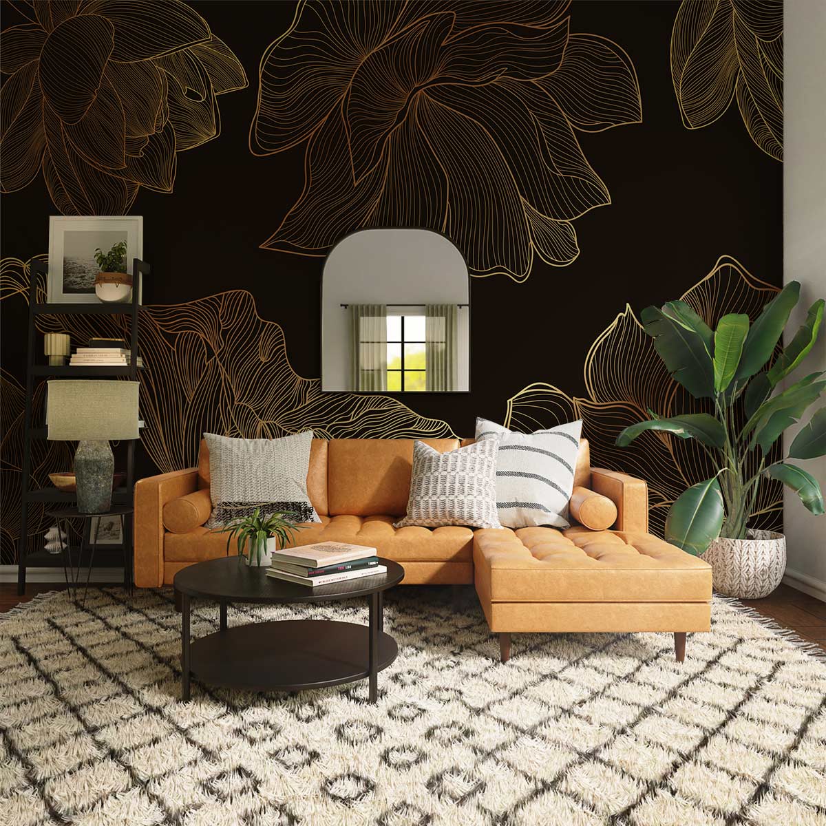 Elegant wallpaper design in lounge with tan sofa, geometric rug, and stylish black and gold floral patterns.