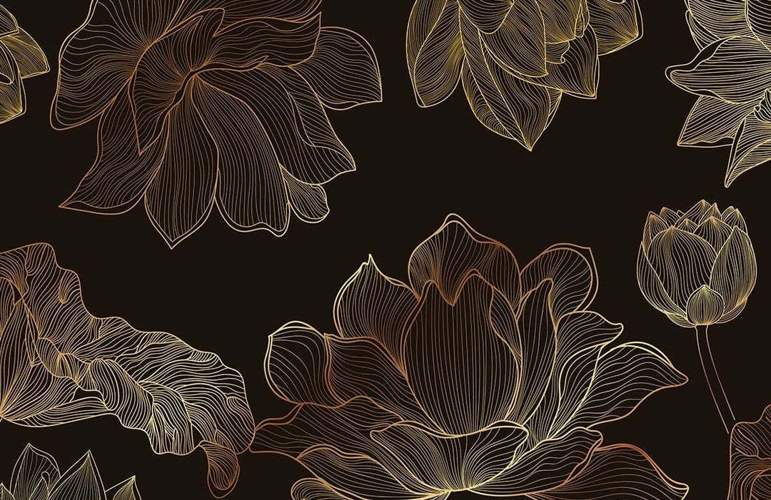 Elegant Gold and Black Floral Line Art Wallpaper Design