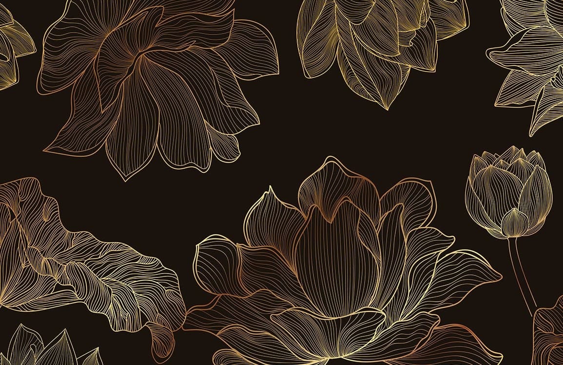 Elegant Gold and Black Floral Line Art Wallpaper Design