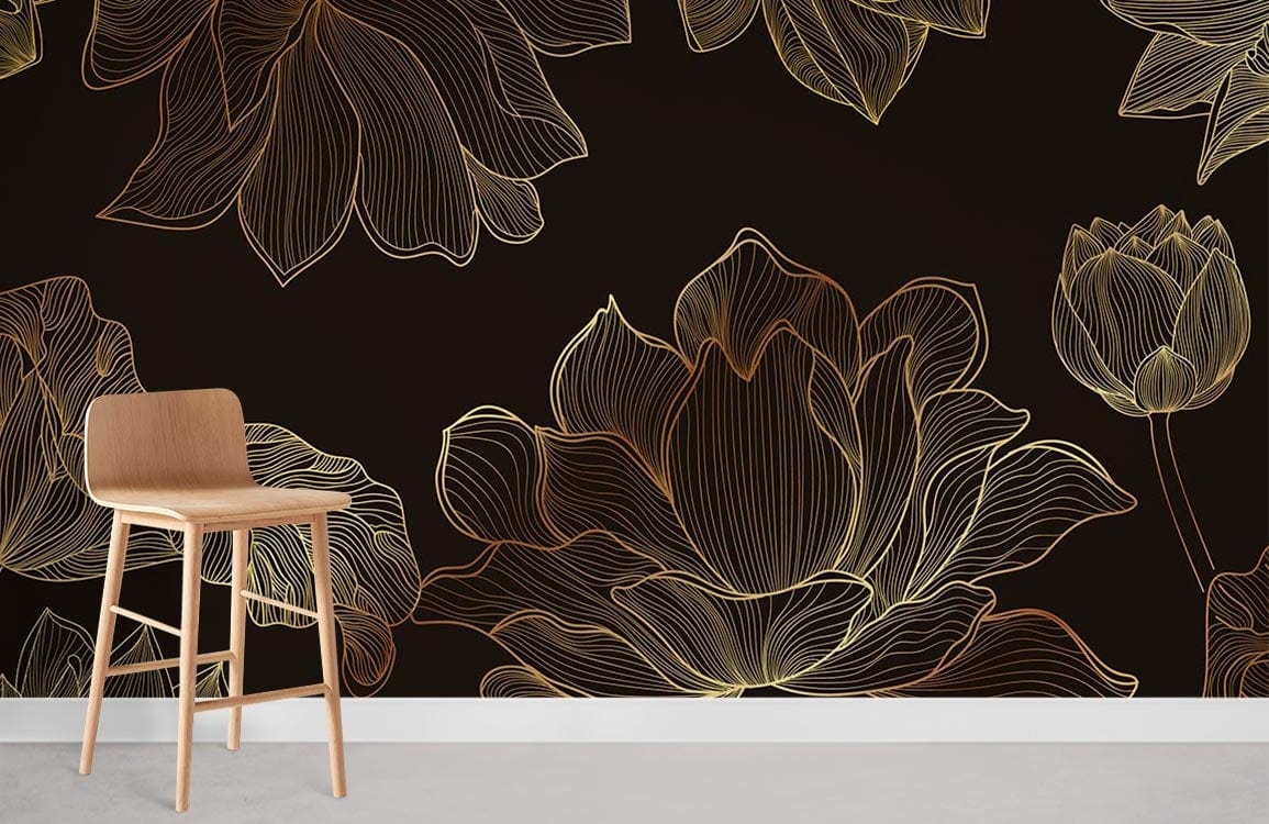 Elegant gold and black floral wallpaper with wooden bar stool, modern design, and light flooring.