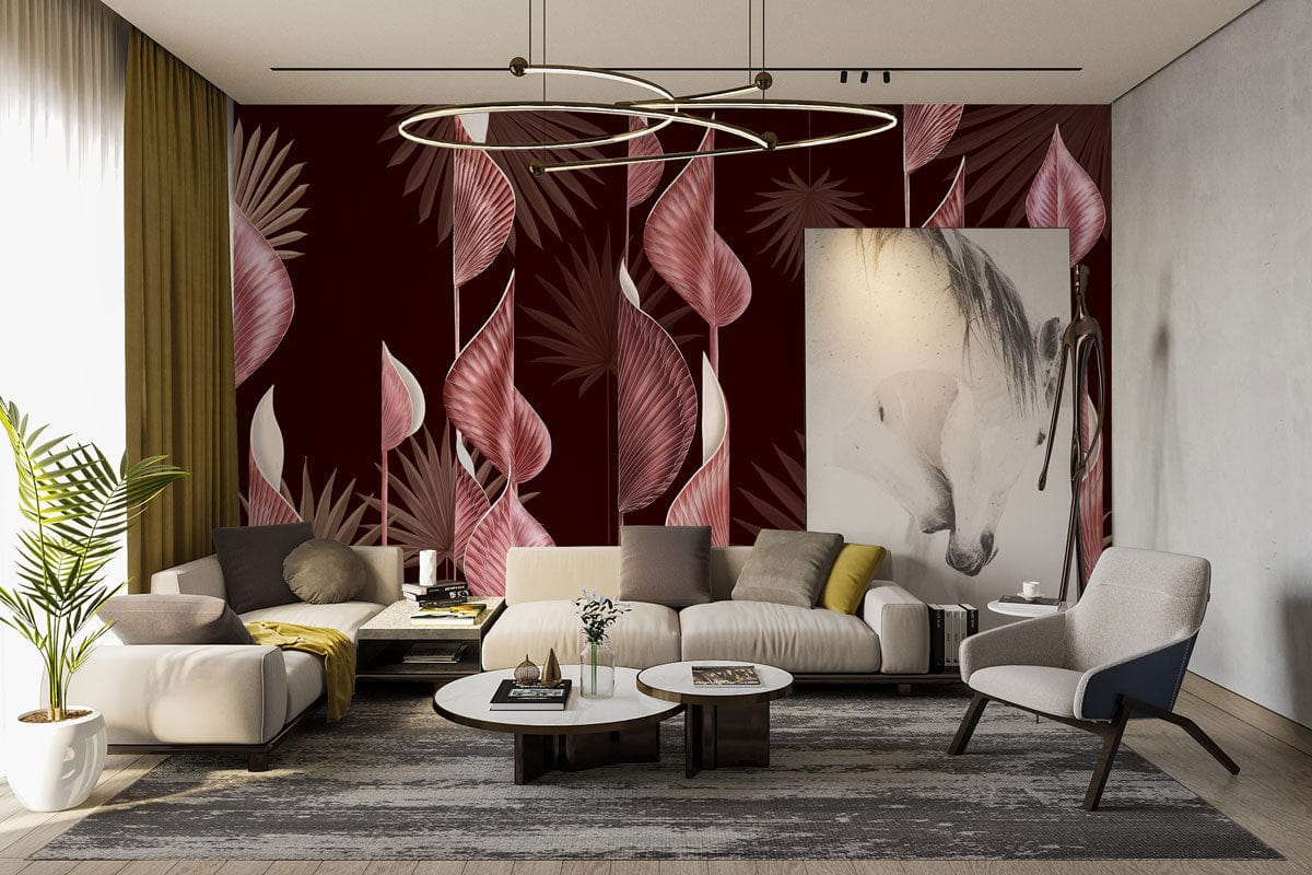 Floral botanical wallpaper with leaf design in modern living room, featuring grey sofa and abstract artwork.