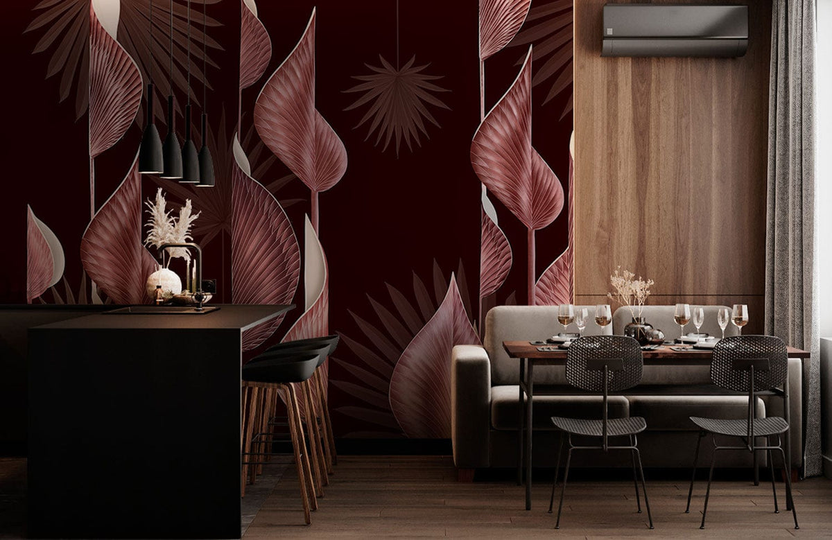 Floral Botanical wallpaper, dark red and pink, leaf design, modern dining room, wooden wall, dark flooring.