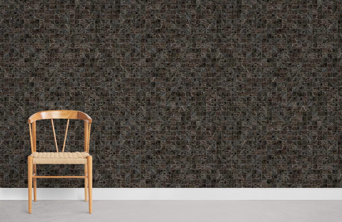 Elegant Charcoal Geometric Mosaic Wallpaper with wooden chair, grey flooring; modern, dark textured wall design.