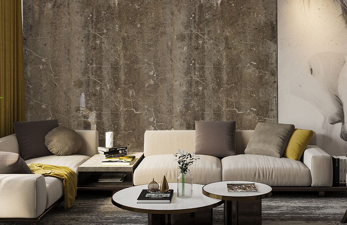 Modern living room with Vintage Industrial Concrete Effect Wallpaper, beige sofa, dark flooring, and earthy tones.