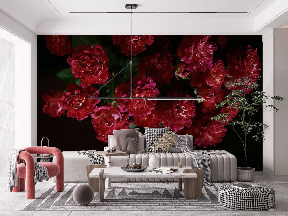 Luxurious living room with Elegant Crimson Rose Blossom wallpaper, grey sofa, contemporary armchair, and rug.