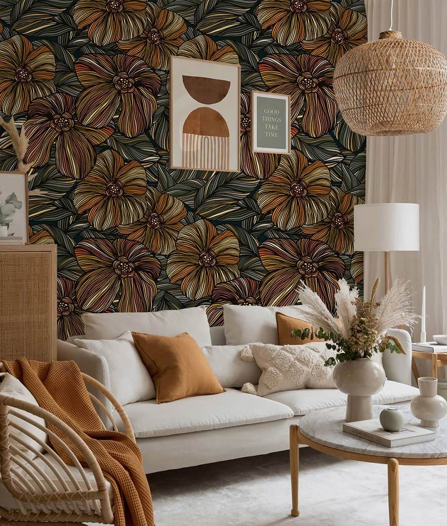 Autumnal Botanical Blossom Wallpaper, earthy room decor, white sofa, woven lamp, contemporary rustic interior.