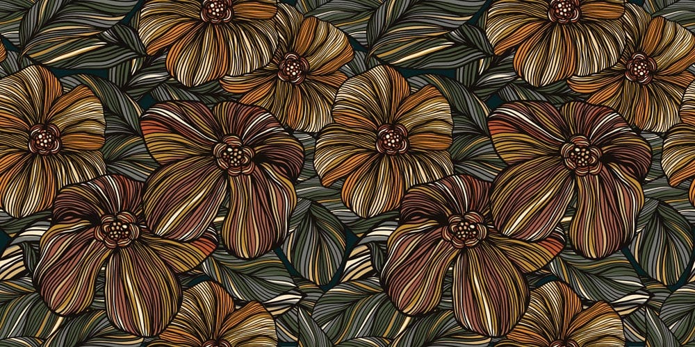 Autumnal Botanical Blossom Pattern Wallpaper - Rich Earthy Tones for Stylish Interiors