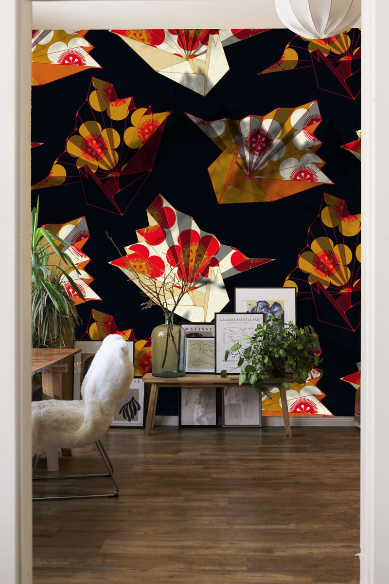 Vibrant Origami Paper Flowers Black Background Artistic Mural Wallpaper Decor