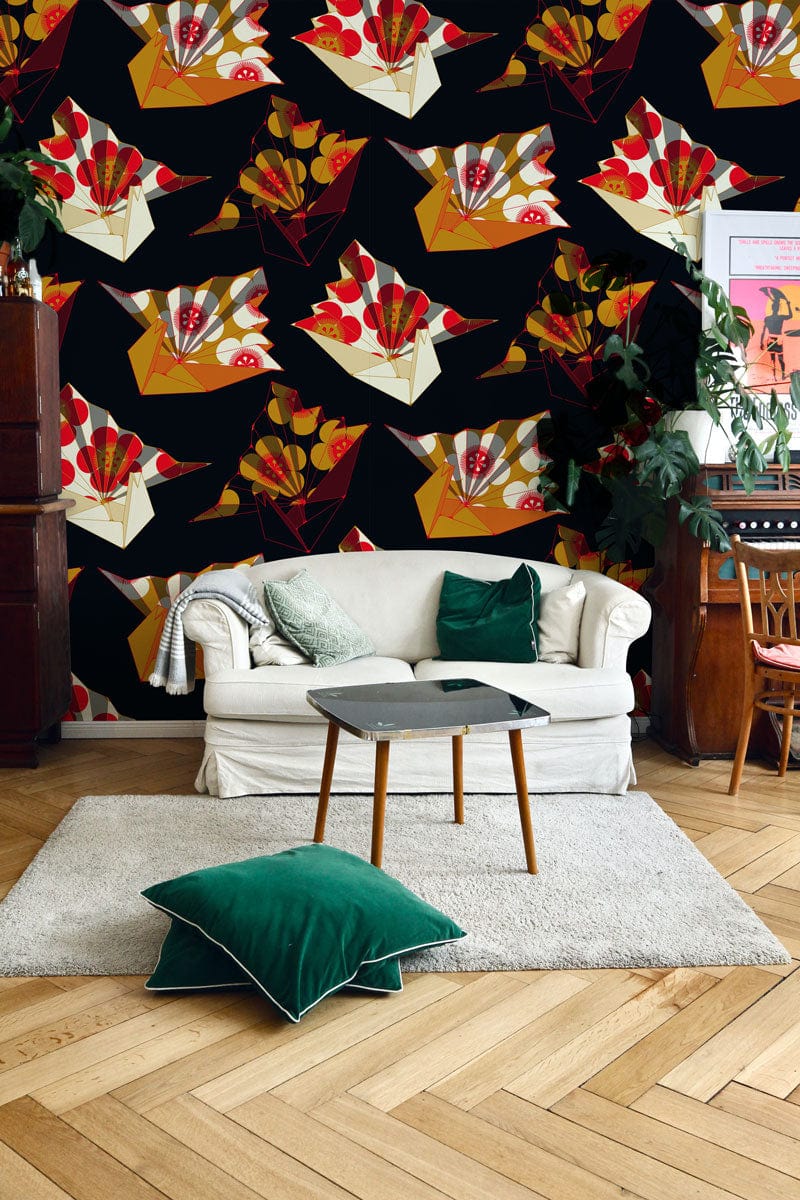 Vibrant origami flower wallpaper with white sofa, green cushions, wooden floor, contemporary living room decor.