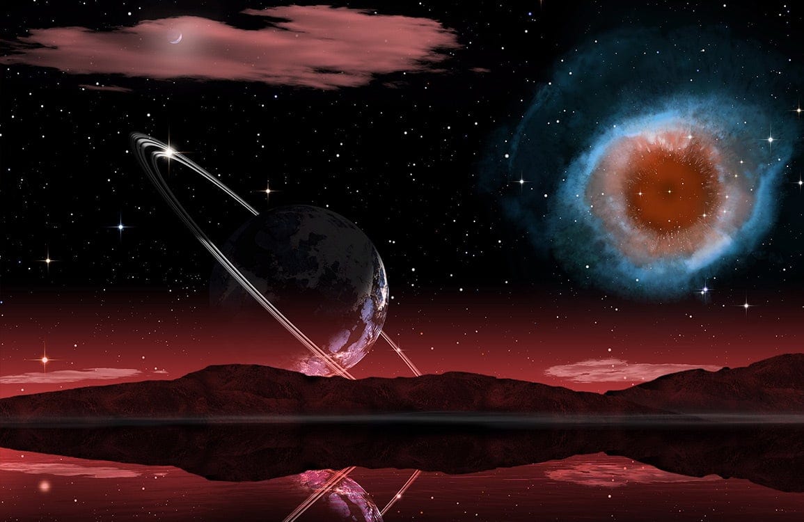 Celestial Dreamscape Mural Wallpaper with Rings and Nebula in Red Tones