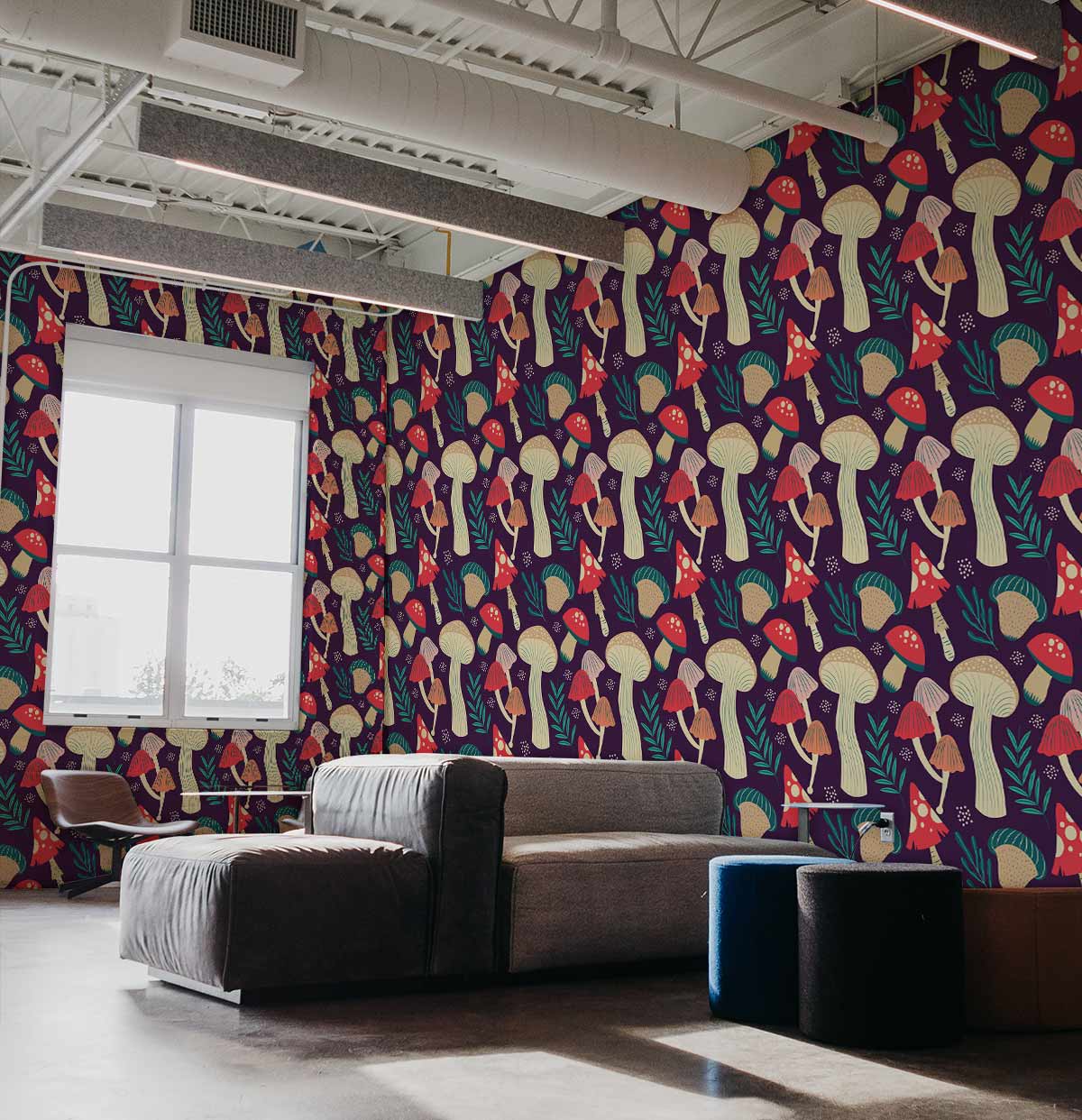 Whimsical Forest Mushroom Patterned Wallpaper in Bold Multicolour Retro ...