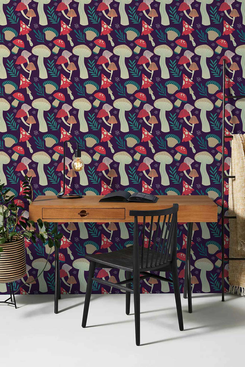 Whimsical Forest Mushroom Patterned Wallpaper in Bold Multicolour Retro ...