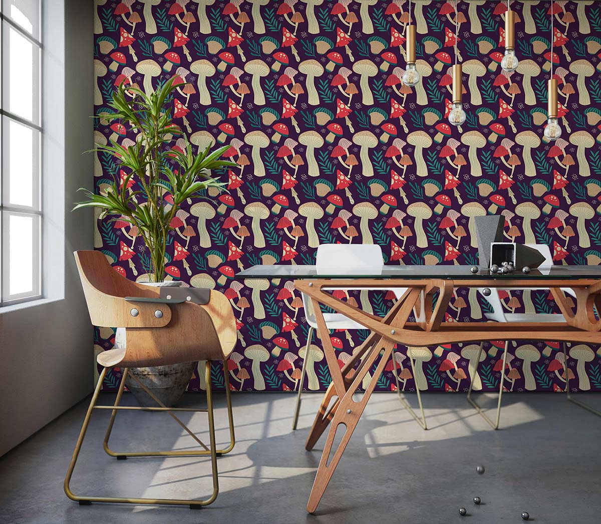 Retro multicoloured whimsical forest mushroom wallpaper, modern dining room, wooden chair, concrete flooring.