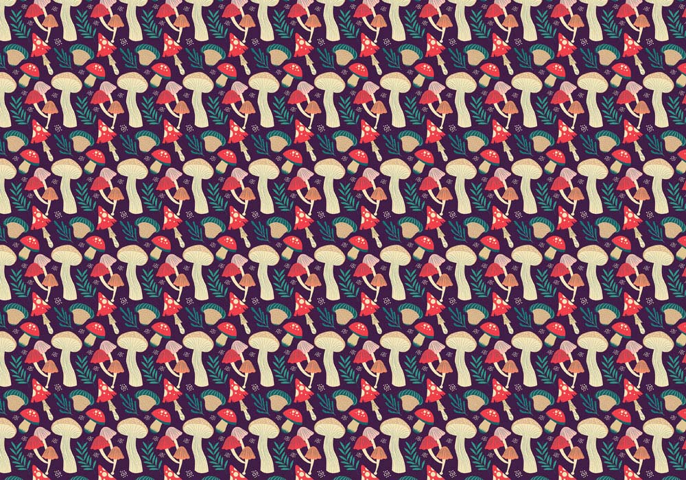 Whimsical Forest Mushroom Patterned Wallpaper in Bold Multicolour Retro Style