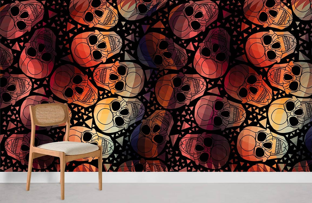 Vibrant Geometric Skulls Pattern Wallpaper in bold multicolour, featuring a wooden chair on grey floor.