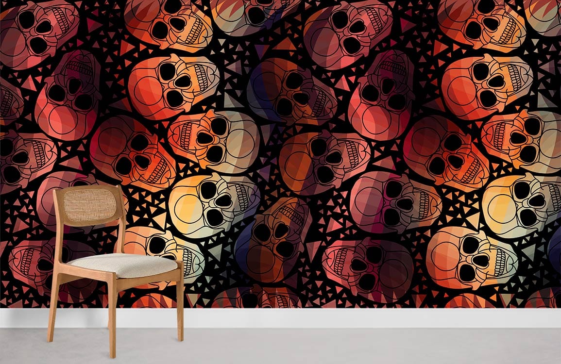 Vibrant Geometric Skulls Pattern Wallpaper in bold multicolour, featuring a wooden chair on grey floor.