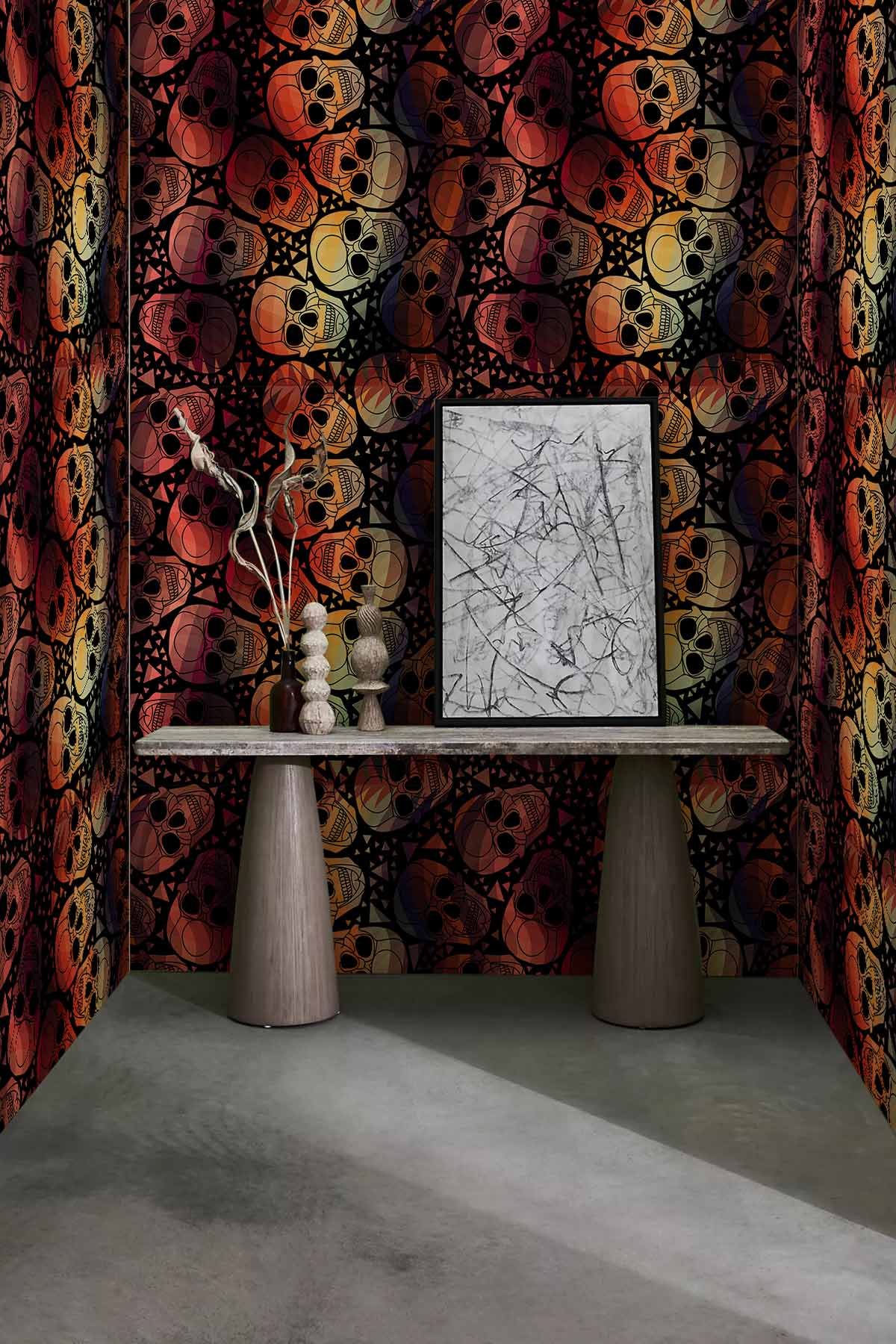 Vibrant Geometric Skulls Pattern Wallpaper, multicolour gothic design with modern grey flooring and artwork.