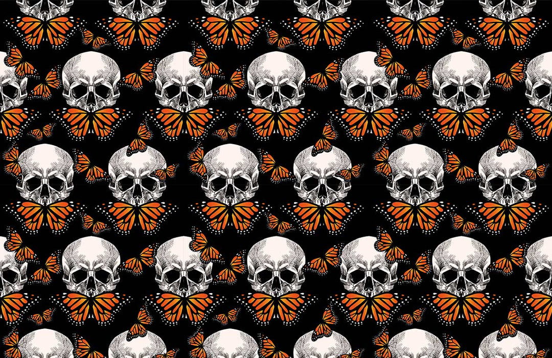 Edgy Gothic Black Skull and Orange Butterfly Pattern Wallpaper Design