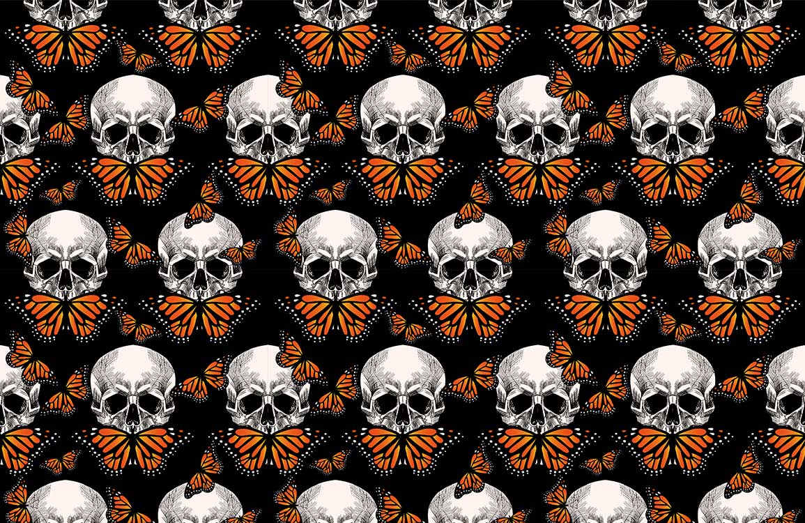 Edgy Gothic Black Skull and Orange Butterfly Pattern Wallpaper Design