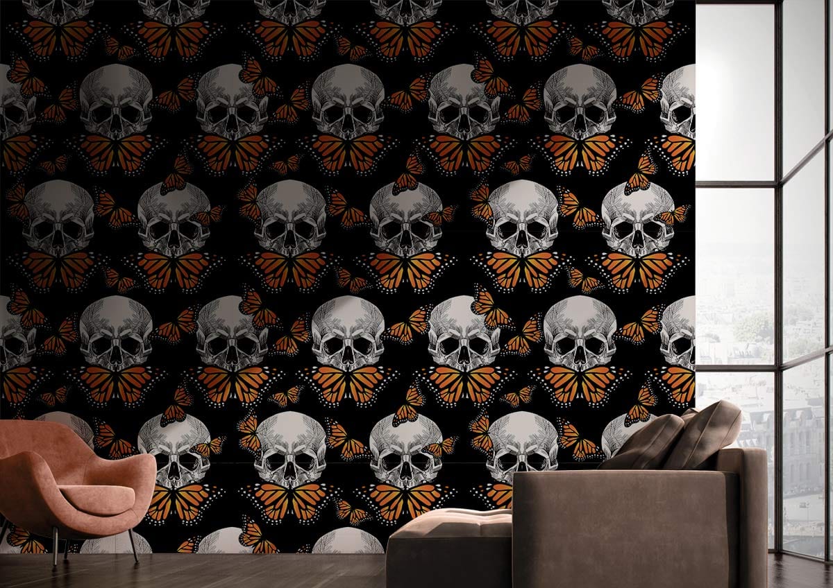 Edgy Gothic skull and butterfly wallpaper in living room, featuring modern sofas, floor-to-ceiling windows.
