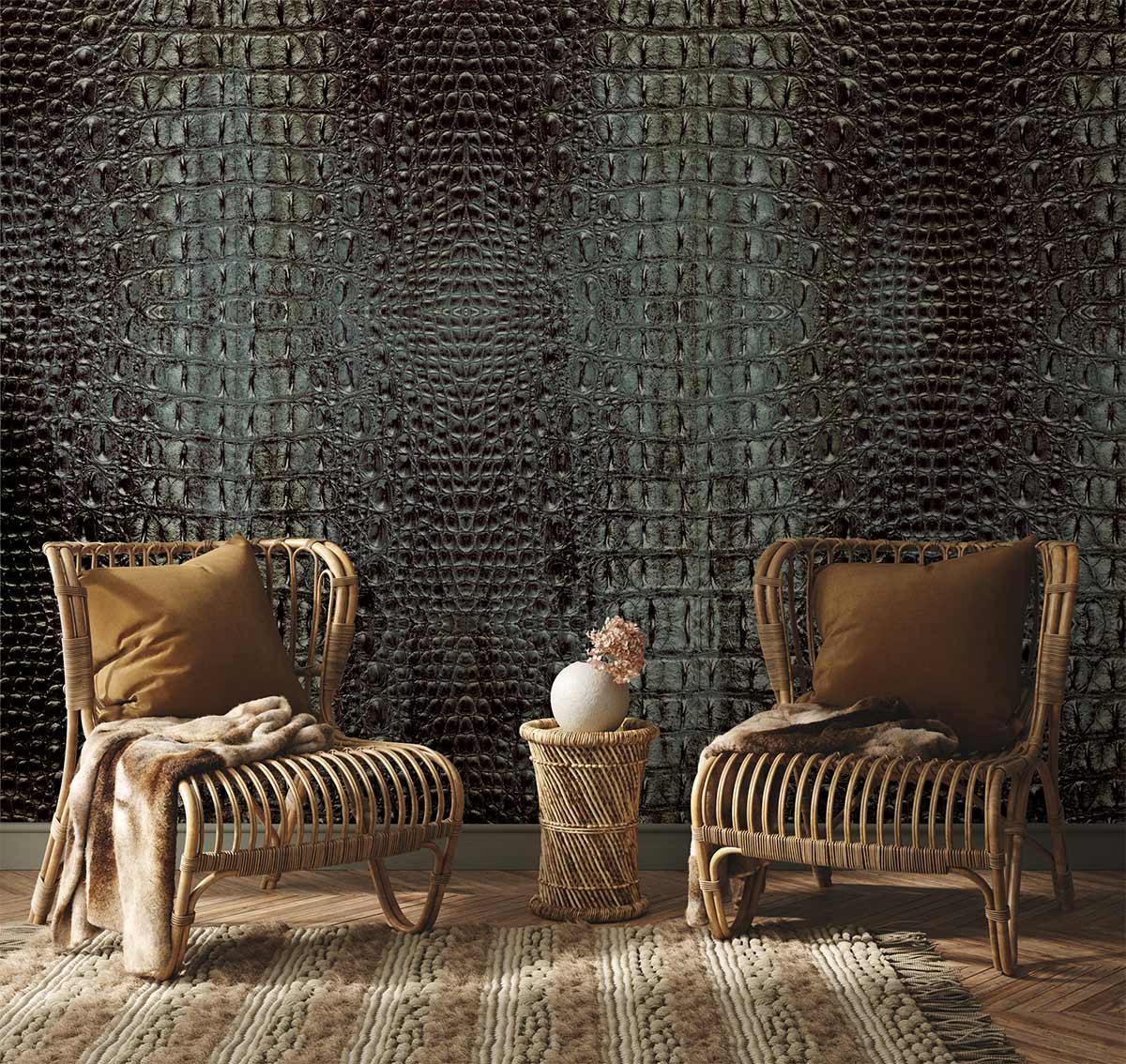 Luxurious brown crocodile skin pattern wallpaper with wicker chairs and cosy cushions in stylish room.