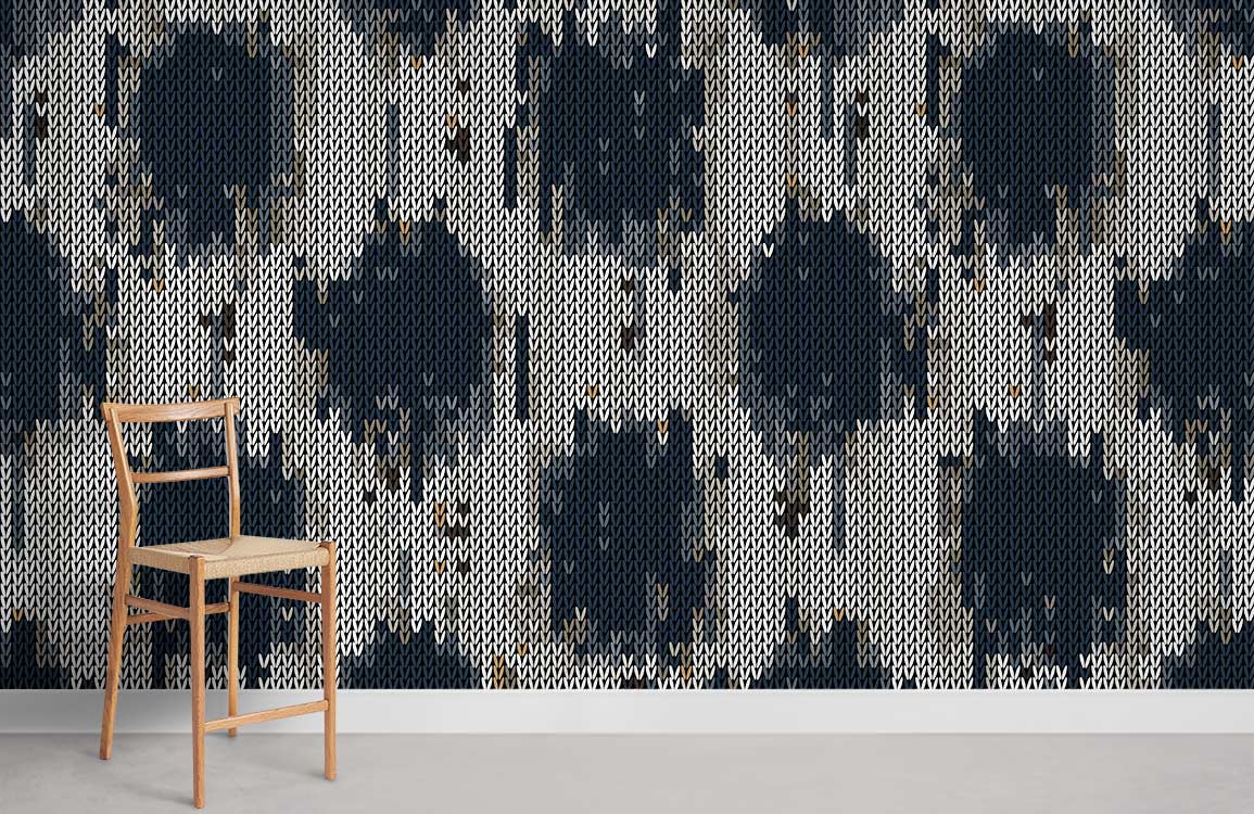 Modern navy and grey polka dot wallpaper, wooden chair, grey flooring, contemporary interior design.