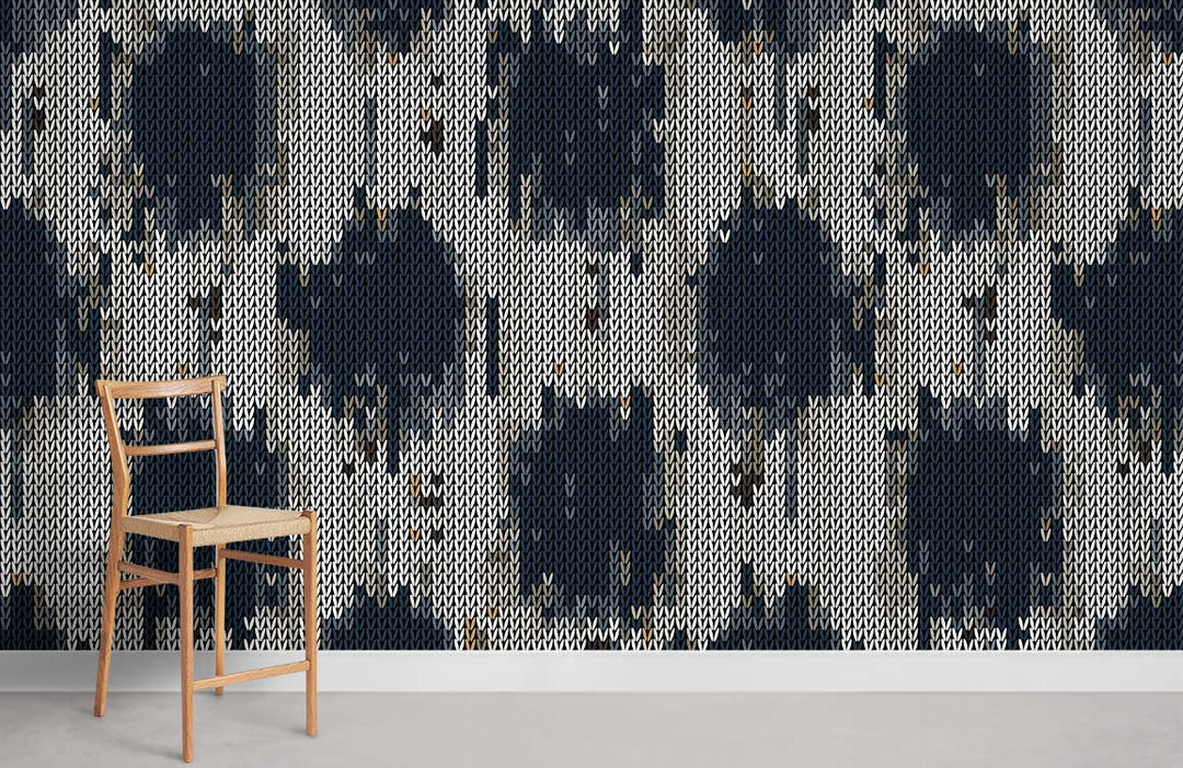 Modern navy and grey polka dot wallpaper, wooden chair, grey flooring, contemporary interior design.