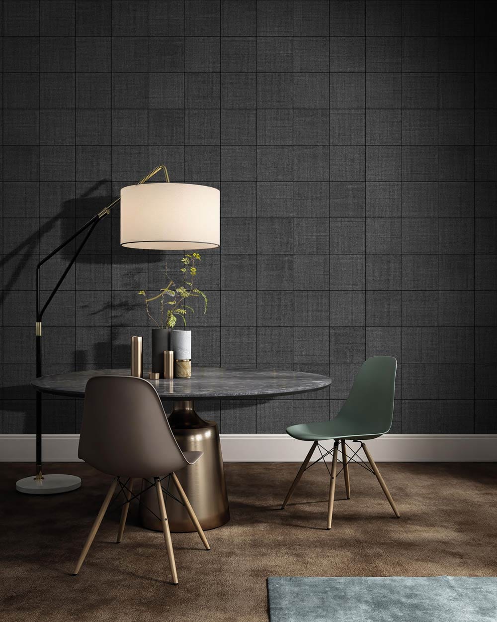 Elegant Charcoal Grid Textured Wallpaper, modern dining room, round table, contemporary chairs, carpet flooring.