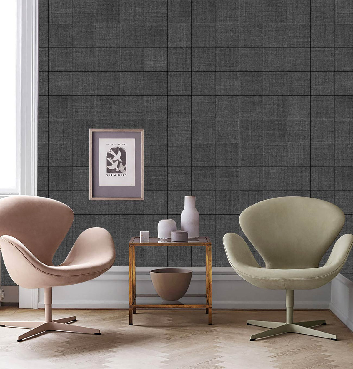 Elegant Charcoal Grid Textured Wallpaper complements modern lounge Décor with stylish chairs and wooden flooring.